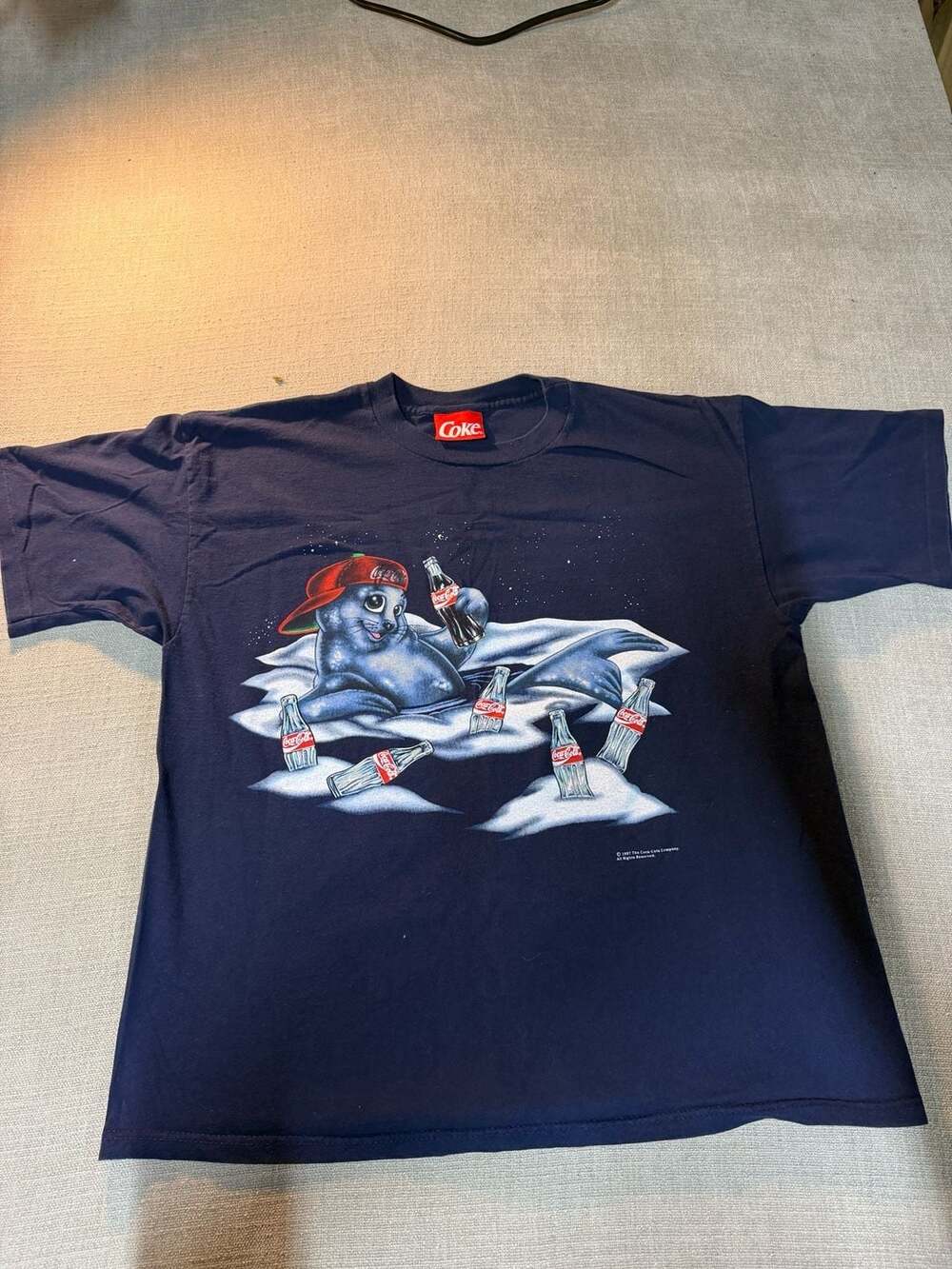 Vintage 1997 Coca-Cola Navy Blue Seal Graphic T-Shirt